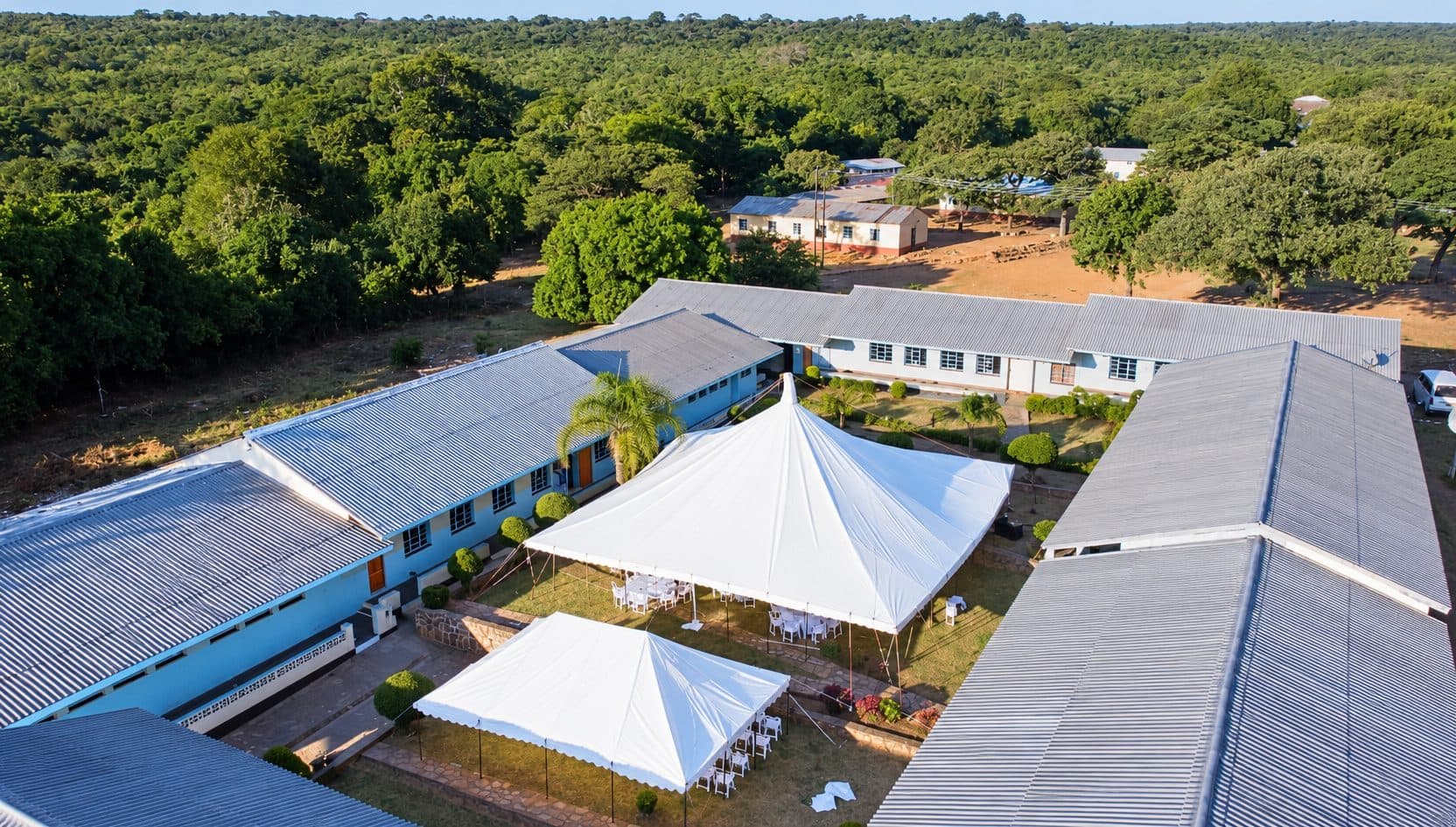 Aerial view of the Emmanuel High School campus in Nyanga, showing the classroom blocks around the central quadrangle